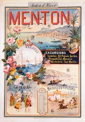 Juliste, joka mainostaa Mentonia talvilomakohteena (chromolitho)